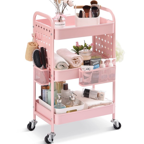 TOOLF 3-Tier Utility Cart, Metal Rolling Storage Cart with DIY