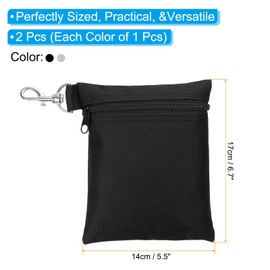 PATIKIL Golf Tee Pouch 6.7x5.5 Inch, 2 Pack Zipper Golf Ball Bag with Metal Lobster Claw Clip for Men Women Valuables Holder, Black, Grey