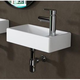 MEJE 16-Inch Wall Hung Basin Sink Combo, Small Cloakroom Basin, Rectangle Ceramic Bathroom Wash Basin - Right Hand Sink Set (Include Faucet & Pop-up Drain)