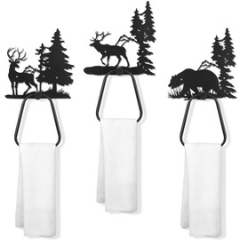 Peryiter 3 Pcs Bear Towel Holder Bathroom Bear Hand Towel Holder Black Bear Deer Elk Towel Ring Rack Bathroom Wall Decorations Christmas Winter Rustic Farmhouse Kitchen Bathroom Gifts Decorations