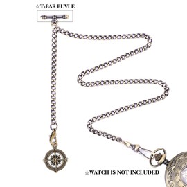 SIBOSUN Pocket Watch Albert Chain T Bar & Lobster Clasps Watch Chain Vest Chain for Men Curb Link Chain 2 Hooks with Antique Compass Pendant Design Charm Fob T-Bar Chain Bronze