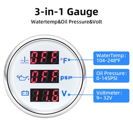 ARTILAURA Triple Gauge Set 3in1 (Watertemp + Oil Pressure Gauge + Voltmeter) 2" 52mm AUTO Boat Gauge Kit with Watertemp Sensor Oil Pressure Sender for Marine White