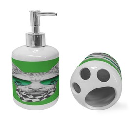 Ambesonne Whimsical Soap Dispenser & Toothbrush Holder Set, Whimsical Portrait Illustration of Sphynx Cat with Sunglasses and Scarf, Ceramic Bathroom Toiletry Accessories, 2 Pcs, Fern Green and Grey