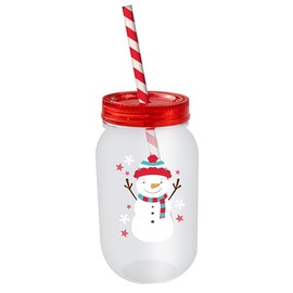 Widdle Gifts Christmas Mason Jar and Straw - Re-useable Sturdy Plastic Childrens Mason Jar (Snowman)