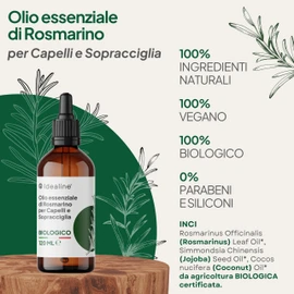 Idealine Rosmarinöl für die Augenbrauen, 120 ml, 100 % biologisch und natürlich mit Kokos- und Jojobaöl, nährt und stimuliert das Wachstum der Kopfhaut, verhindert Ausfallen, hergestellt in Italien