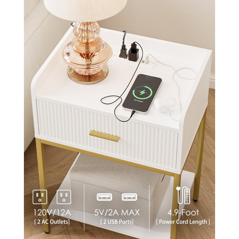 Apetaccat Nightstand with Charging Station, 3-Tier Bed Side Table, Small