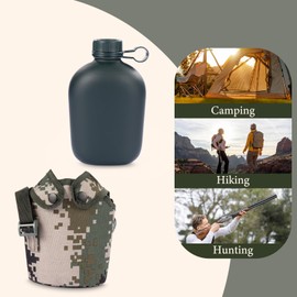 Canteen Water Bottle – 1L Lightweight Camouflage Survival Canteen for Outdoor Camping, Leak-Proof Food-Grade Safe Aluminum with Insulated Canvas Bag & Adjustable Strap for Hiking, Backpacking