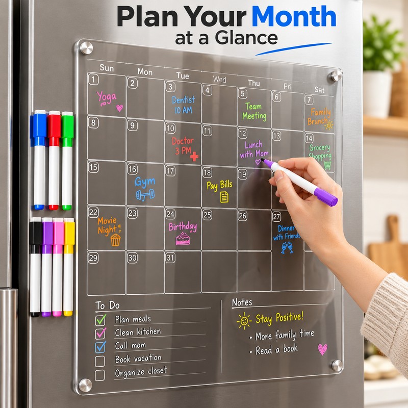 Clear Acrylic Monthly Planner for Refrigerator – Reusable Dry Erase
