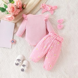 Zupora 3Pcs Baby Girl Gift Newborn Outfit Ruffle Bodysuit Romper Top+Floral Pant+Headband Infant Clothes 0-18 Months