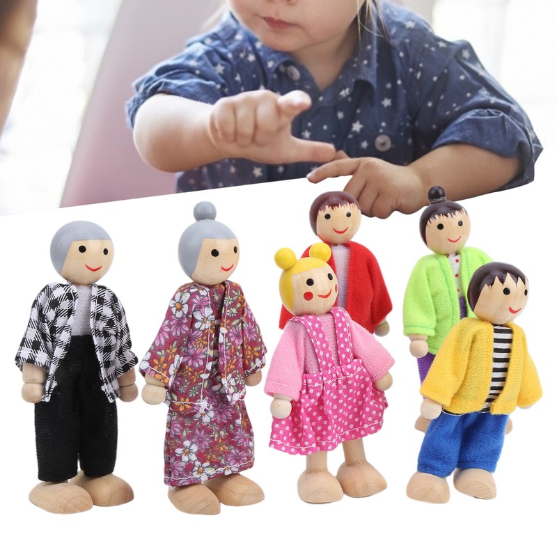 Family Doll Figures Pine Miniature People Toy Set Ornament Educational