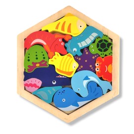 ASPA Rompecabezas Tipo 3D de Madera, de Forma Hexagonal Sus Piezas Son Apilables. Didáctico Infantil, Ideal en su Desarrollo y Estimulación Temprana (Mar)