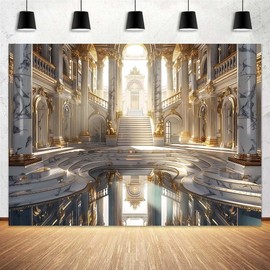 10x8ft Retro Golden Luxury Palace Hall Backdrop Grand Opera Castle Luxurious Chandelier Staircase European Paris Interior Background for Wedding Birthday Party Ceremony Photo Booth Props