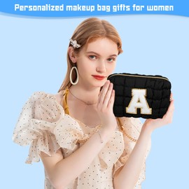Initial Checkered Makeup Bag, Quilted Cosmetic Bag, Cute Make up Pouch for Purse, Travel Toiletry Storage Bag for Women Preppy Teen Girls Gift Trendy Stuff Gift(Black S)