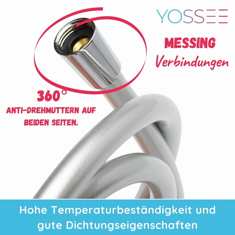 Yossee Duschschlauch 2 Meter PVC Glatter Brauseschlauch mit verdrehsicheren Messinganschlüssen,