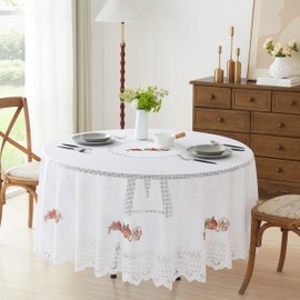 LinenZone Lace Country Tablecloth - White Round 70 Inches - Farmhouse Perfect for Fall, Harvest or Fruit (Nora Round 70, White)