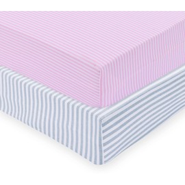 Dreamology 100% Cotton Jersey Knitted Mini Crib Sheets for Boys and Toddler, Soft and Breathable, Crib Sheets Girl Snug Fit, Machine Washable, Multiple Colors (P2,Pink/Gray Stripe,38"x24"x6")