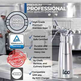 ICO 0.5 L (1 Pint) Professional Stainless Steel Whipped Cream Dispenser for Homemade Whipping Cream, Whipped Cream Dispenser for Desserts, Dips, Sauces, and Infused Oils & Liquors