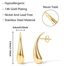 14K Gold Plated Teardrop Chunky Hoop Earrings Lightweight Drop Earrings for Women Designer Dupe Earrings Fashion Jewelry