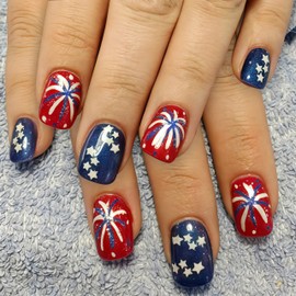 24Pcs Independence Day Press on Nails short Square Fake Nails 4th of July False Nails with Glitter Firework Stars Glue on Nails Patriotic Artificial Nails Stick on Nails DIY for Women Nail Decoration