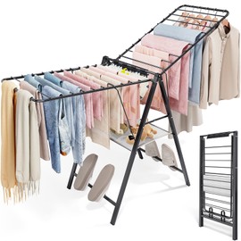 APEXCHASER Foldable Clothes Drying Rack, Metal Laundry Drying Rack Collapsible, Ultra Thin Clothes Rack for Sweater Bra Towel for Indoor & Outdoor Use, Height Adjustable Gullwing Clothes Airer, Black