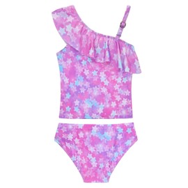 Girls Swimsuit Ruffles Tankini Bathing Suits Set Size7-8 Years Old Purple Star Swimwear with UPF Sun Protection