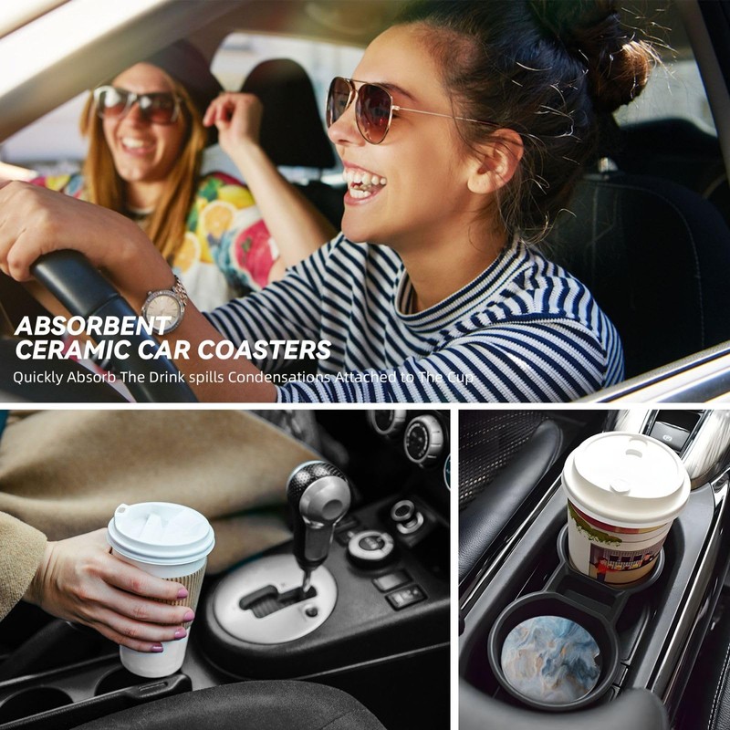 Absorbent Car Coasters 2 Pack for Cup Holders, 2.56" Ceramic