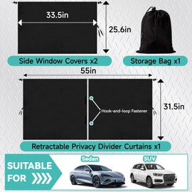 4 Pcs Medium Upgrade Double Layer Thickened Car Curtains Set, 98% Light Blocking Car Window Shades Covers, Include 2 Side Window Covers, 1 Divider Curtain & 1 Storage Bag, Sedan SUV Accessories