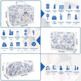 Makeup Bag Set, Quilted Makeup Bag, Large Floral Cosmetic Bag for Women, Cute Cotton Makeup Bag, Flower Travel Toiletry Organizer Bag. (Navy Blue)