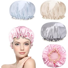 4 Piezas Gorro de Seda para Dormir,Gorros de Baño,Cuidado del Cabello,Doble Capa Protector para Ducha,Dormir y Belleza Para Cabello Largo,Gorro de Satin para Dormir