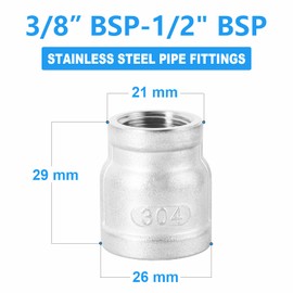 ERGAOBOY 1 Piece 304 Stainless Steel Pipe Fittings, 3/8 Inch x 1/2 Inch BSP Reducing Coupling with Female Thread, Pipe Fitting