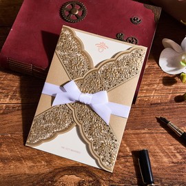 Heartye 25 Pack Luxury Wedding Invitations Cards with Ribbon Envelopes,Laser Cut Embossing Gold Foil Hollow Lace Floral Invite for Wedding Bridal Shower Quinceanera Mitzvah-5.12x7.3 Inches