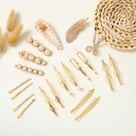 Gold Hair Clips - 22 Pieces Gold Hair Pins Set, Geometric Metal Bobby Pins for Women Girls, Hair Pins for Women Decorative, Elegant Pearl Hair Pins, Sparkling Rhinestone Hair Pins for Women Styling