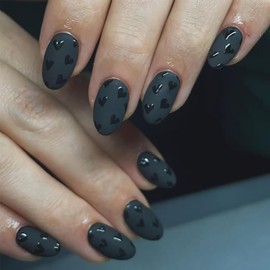 RIICFDD 24 Pcs Valentine Press on Nails Heart Press on Nails Short Almond Fake Nails with Pure Color Designs Glue on Nails Black Heart Stick on Nails Full Cover Dark Green Acrylic Nails for Women