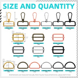 Cimeton 90PCS 3.2CM Lobster Clasp Claw, D Ring, Rectangle Adjuster Triglides Slides Buckle Metal Swivel Snap Hook for Belt Bags DIY Accessories