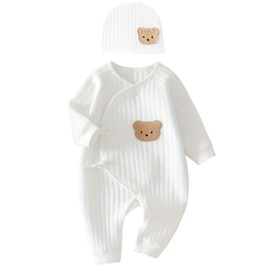 Babyfond 1 Pack Baby Bodysuit, Newborn Baby Warm Cotton Bodysuit with Hat, 100% Cotton Toddler Homewear Thickened Spring and Autumn Clothing, White