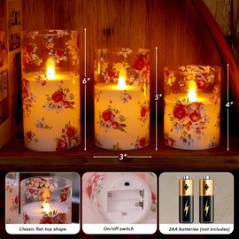 AFINETH Rose Flameless Candles Set of 3 – Glass Battery Operated Candles with Remote, Flickering Floral Flameless Candle for Wedding, Home, Party Gift