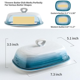 Tikooere Butter Dish with Lid for Countertop, Large Butter Container with Handle for East West Coast Butter, Ceramic Butter Keeper Holder for Housewarming Wedding Gift, White & Blue