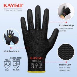 KAYGO Cut Resistant Work Gloves - 2 Pairs, Level C Protection, MicroFoam Nitrile Coated Good Grip Machine Washable, Cut Proof Safety Gloves EN388 4X42C, Ideal for Construction DIY, KG21N (Black, M)