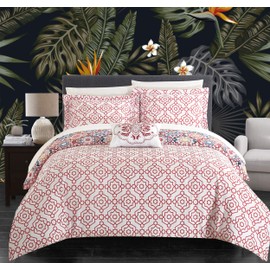 Chic Home Bristol 4 Piece Reversible Duvet Cover Set, Queen, Pink