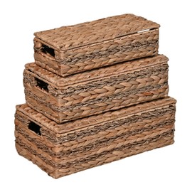 happimess BSK2000A-3SET Sandrine Classic Farmhouse Handwoven Hyacinth Wicker Storage Baskets with Handles and Lids, Natural (Set of 3), Seagrass Containers for Decoration in Bathroom, Bedroom