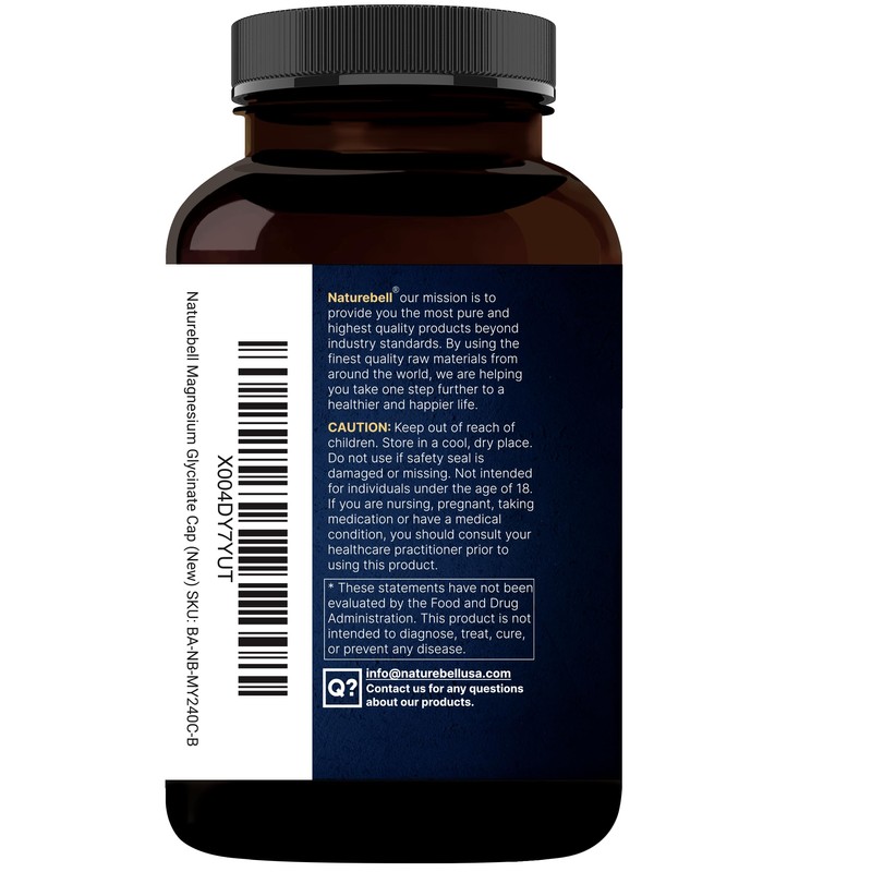 NatureBell Pure Magnesium Glycinate 500mg Per Serving, 240 Veggie Capsules