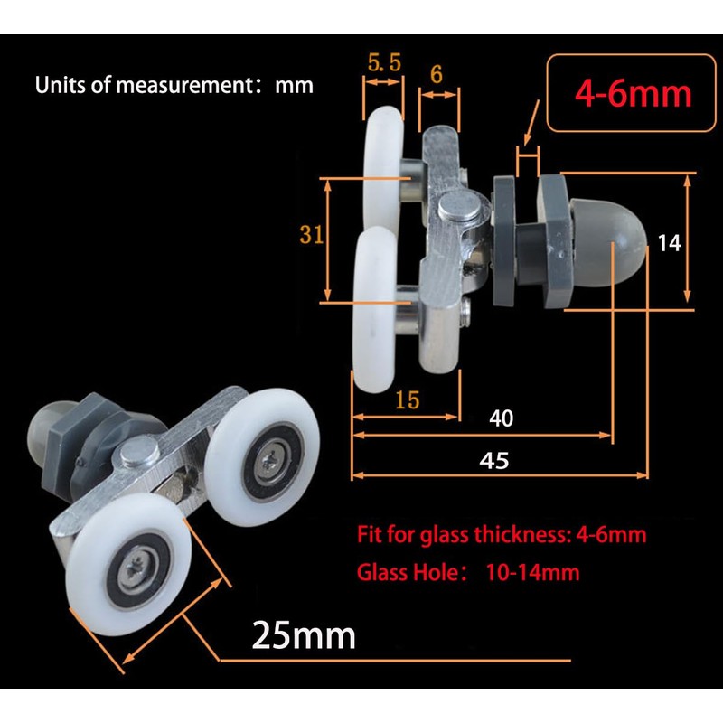 Cokritsm Shower Door Rollers, 6 Pieces, Shower Cubicle Rollers, 25