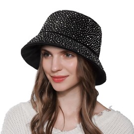 MILAKOO Studded Rhinestone Sparkle Bling Bucket Hat for Women Black Shiny Hip-hop Night Party Cap
