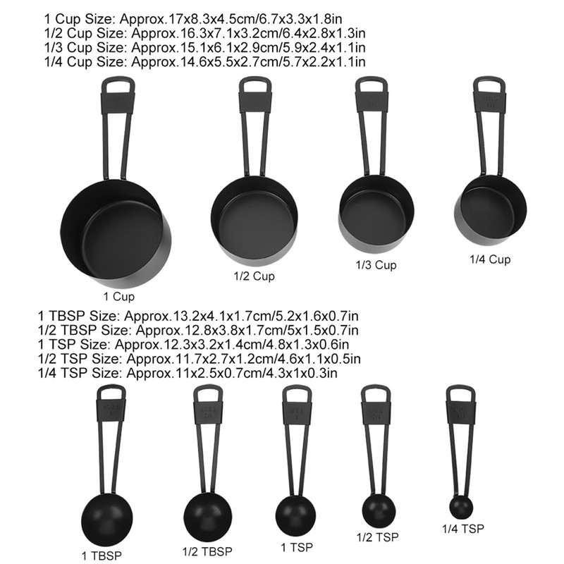 9PCS Black Stainless Steel Measuring Cups Set Coffee Spoon with