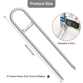 Tent Pegs Metal Heavy Duty, 12 Inches Galvanised Trampoline Pegs Heavy Duty, Steel Tent Stakes Camping Pegs With Rebar,U Shaped Pegs For Trampoline, Football Goal Net, Marquees,Gazebos,Swing(6 Packs)