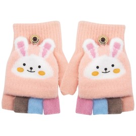 Children's Fingerless Gloves Winter Warm Convertible Flip Top Gloves Soft Knitted Lining and Elastic Cute Cartoon for Children Boys Girls 7-10 Years, pink