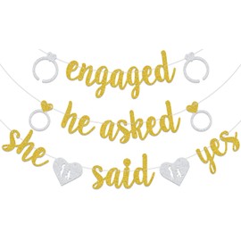 Engaged He Asked She Said Yes Banner, Happy Engagement Banner, In My Engaged Era Decoration, Engagement Party Decoration,Backdrop for Wedding Engagement Bridal Shower Party Supplies Gold Glitter