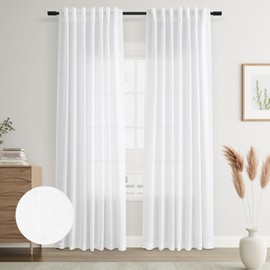 Joywell White Back Tab Rod Pocket Linen Curtains 90 Inches Long 2 Panels for Living Room Bedroom Neutral Boho Farmhouse Rustic Light Filtering Semi Sheer Curtains Window Treatment 52x90