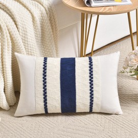 Fancy Homi Set of 1 Navy Blue Lumbar Decorative Throw Pillow Covers 12x20 Inch for Couch Bed Sofa Living Room, Aesthetic Modern Organic Farmhouse Home Decor, Soft Cotton Woven Textured Cushion Case