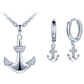 Yumilok Women's Jewellery Set Necklace Earrings Set Anchor Chain Stud Earrings in 925 Sterling Silver Hoop Earrings for Girls Birthday Gift, Sterling Silver Sterling Silver Zirconia, Cubic Zirconia